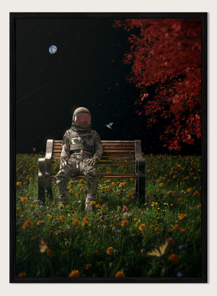 Person in astronaut suit sitting on a bench in a garden with flowers and trees at night. Astronaut Space Garden by Nicebleed is a surreal space art print featuring an astronaut on a bench in a floral field under stars, modern aesthetic wall poster.