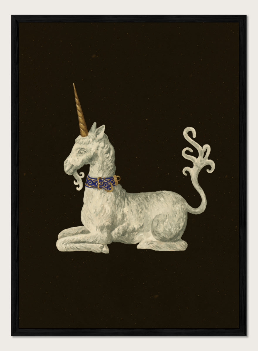 Shop Regal White Unicorn by NKTN, a whimsical unicorn wall art print poster featuring a white mythical figure, golden horn, ornate blue collar, and dark background.