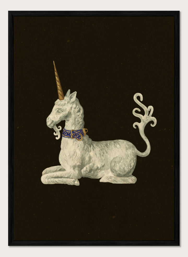 Shop Regal White Unicorn by NKTN, a whimsical unicorn wall art print poster featuring a white mythical figure, golden horn, ornate blue collar, and dark background.
