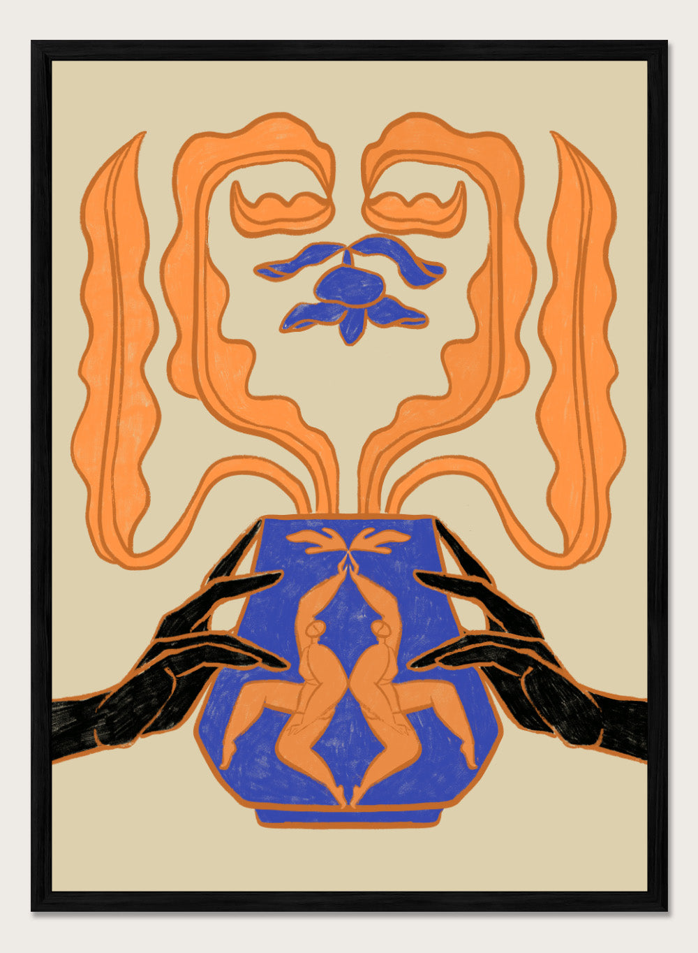 Decorative design with hands holding a vase featuring abstract floral patterns on a beige background. Vessel Collection: New Beginnings by Arty Guava art print, modern vase wall poster with mirrored figures, contemporary blue orange minimalist illustration.
