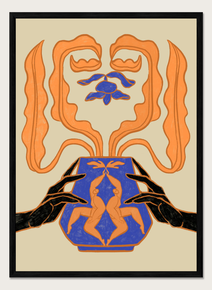 Decorative design with hands holding a vase featuring abstract floral patterns on a beige background. Vessel Collection: New Beginnings by Arty Guava art print, modern vase wall poster with mirrored figures, contemporary blue orange minimalist illustration.