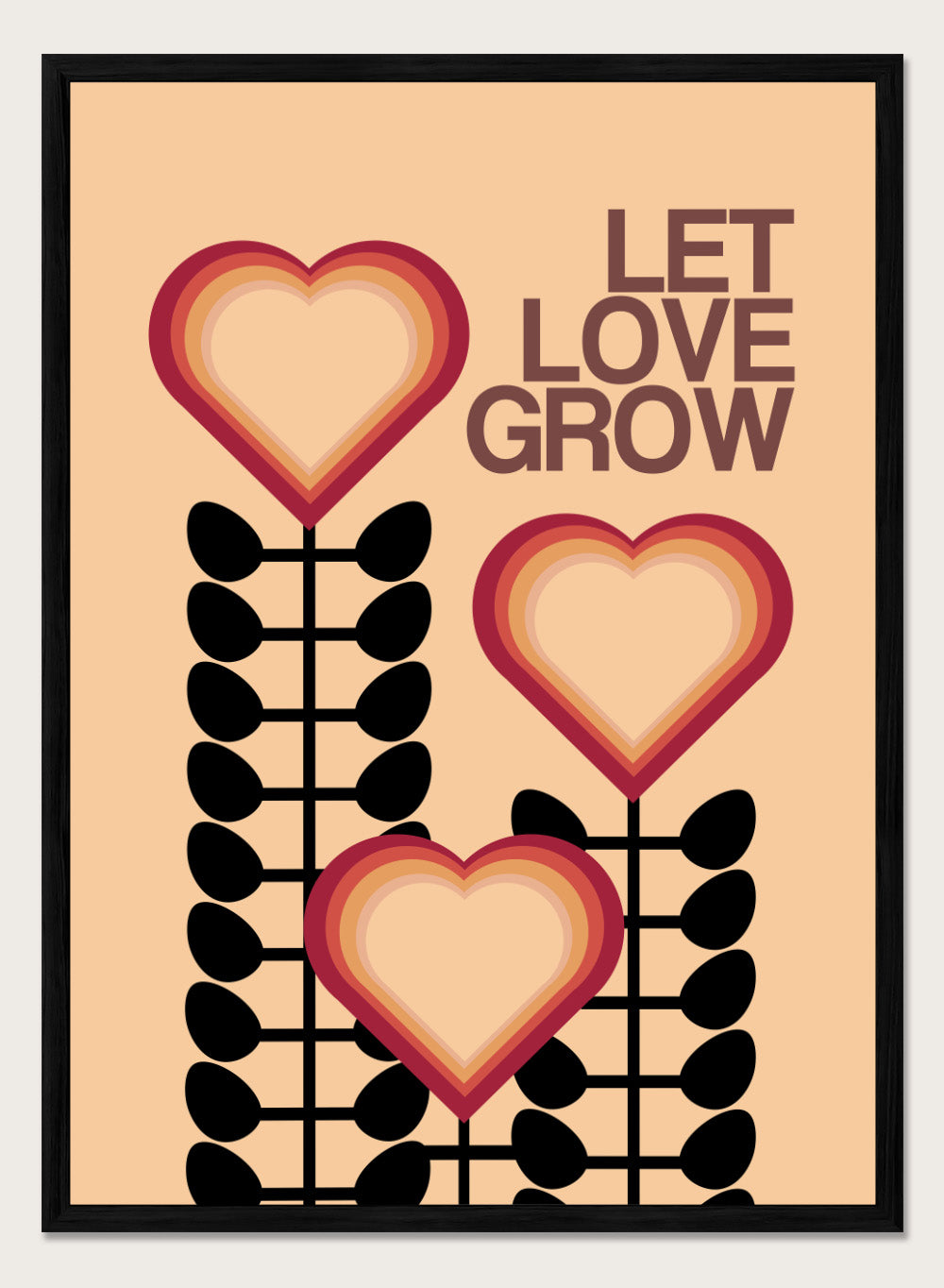 Decorative poster with hearts and leaves on a beige background with 'Let Love Grow' text. Let Love Grow by Frances Collett art print featuring heart-shaped flowers, bold stems, and retro colors. Officially licensed wall poster with optional framing.