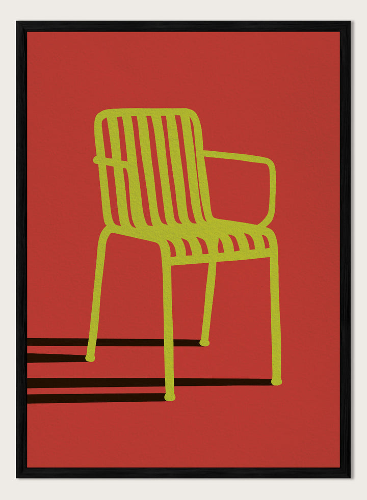 A minimalist graphic art print of a modern armchair, featuring a lime green chair silhouette on a solid red background with bold black shadows. Green Chair Shadow by Lisa Solomoniuk premium framed fine art print featuring a bright green chair and long black shadow against a deep red background.