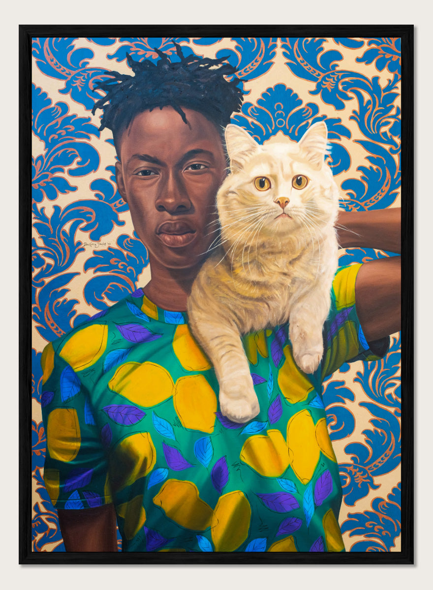 A stylized portrait artwork of a person holding a white cat, set against a blue and beige damask pattern background. Shop Man and Cat Portrait by Nigerian artist Damilare Jamiu, a contemporary portrait art print with a cream cat, bold fashion, and rich green and blue tones.