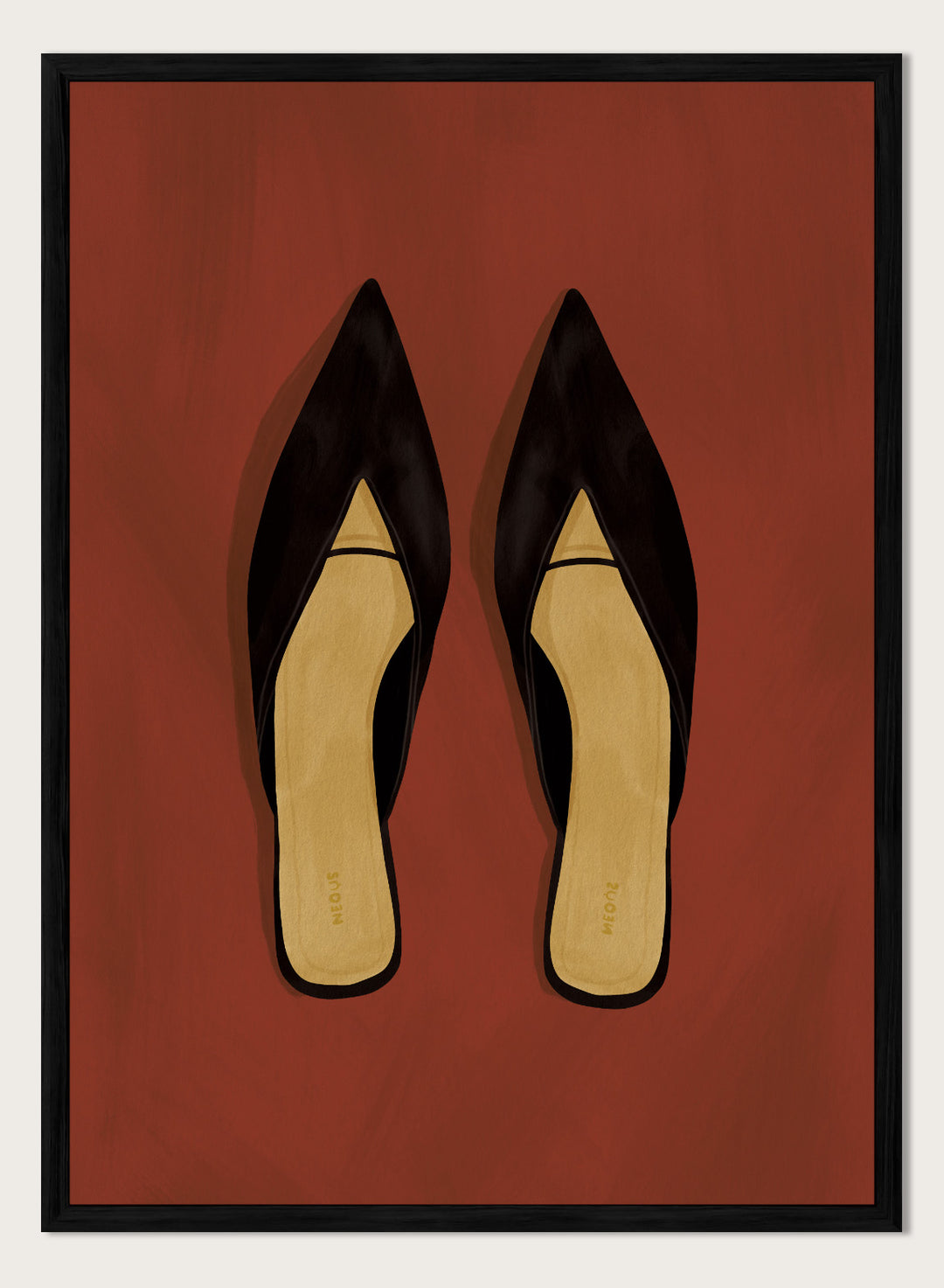 A pair of black pointed-toe flat mules with a contrasting beige insole, displayed flat against a solid reddish-brown background. Chic Black Mules by Lisa Solomoniuk premium framed fine art print featuring pointed black shoes with golden insoles against a rich rust red background.
