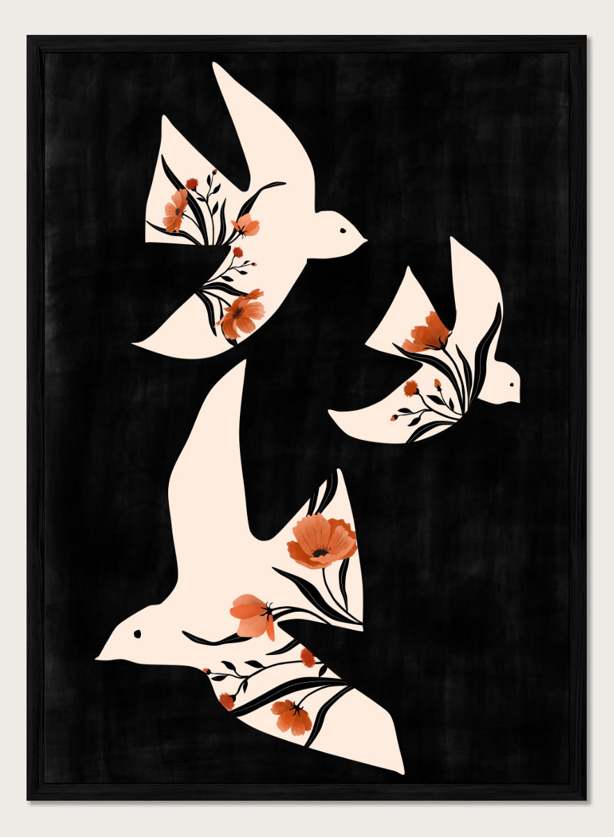 Shop Floral Dove Flight by Elena Ristova, a modern bird wall art print poster featuring cream doves filled with terracotta flowers on a black background.