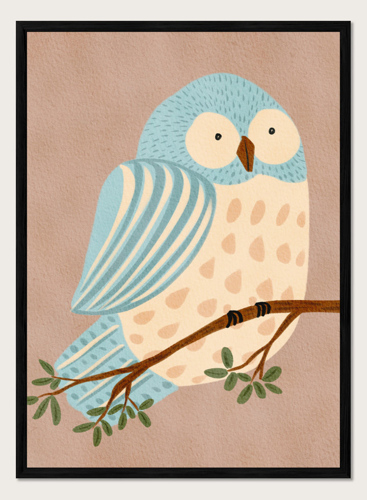 A stylized illustration of a blue and cream owl perched on a brown branch with green leaves, set against a warm beige background. Shop Whimsical Blue Owl by Nikita Jariwala, a blue owl wall art print poster for nursery and kids room decor featuring a playful bird illustration and soft blue tones.