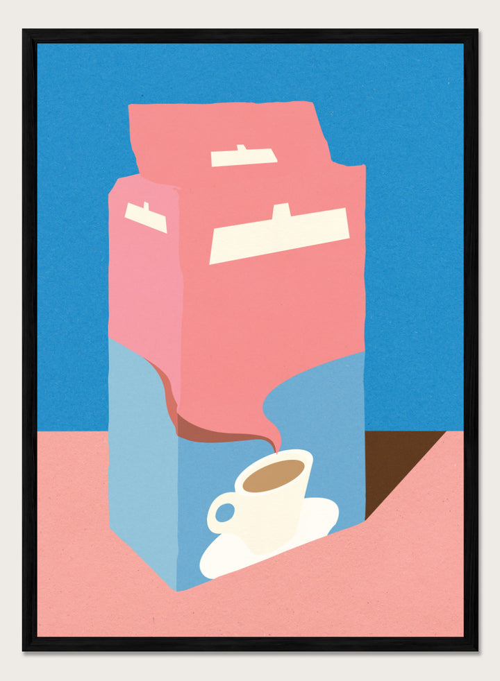 Illustration of a pink milk carton pouring into a white cup on a blue background. Illustration of a pink milk carton pouring into a white cup on a blue background. Crema E Gusto Dolce by Rosi Feist is a minimalist coffee bag kitchen art print with Bauhaus-inspired color. Officially licensed modern poster with framing.
