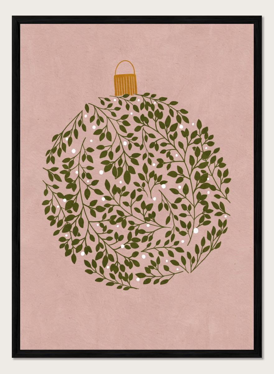 Shop Round Ornament by Katie O’Shea, a botanical Christmas wall art print poster featuring green leaves, white glowing light details, and a dusty pink background.