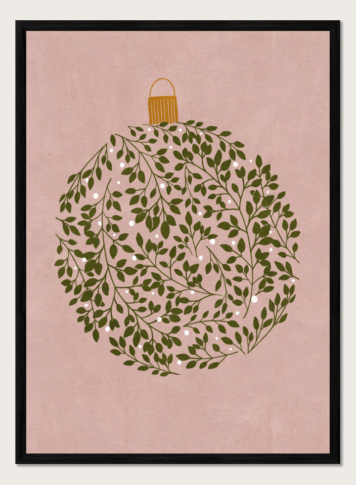 Shop Round Ornament by Katie O’Shea, a botanical Christmas wall art print poster featuring green leaves, white glowing light details, and a dusty pink background.