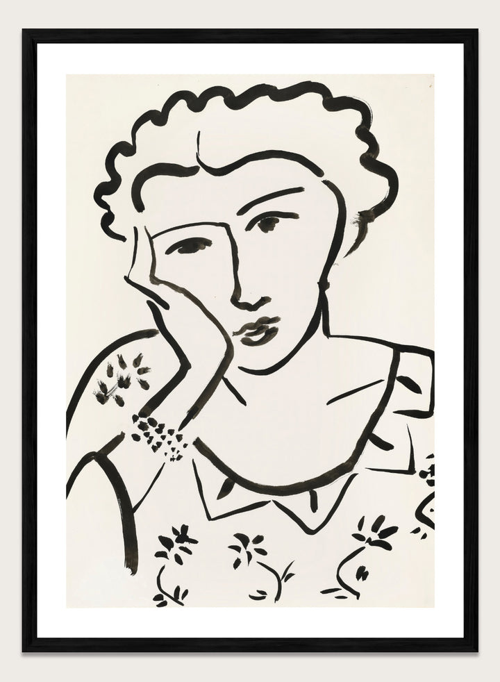 Black line art of a woman with floral patterns on a white background. Jeune Fille Accoudée by Henri Matisse is a minimalist portrait art print featuring expressive black linework, floral detailing, and refined French modernist design.