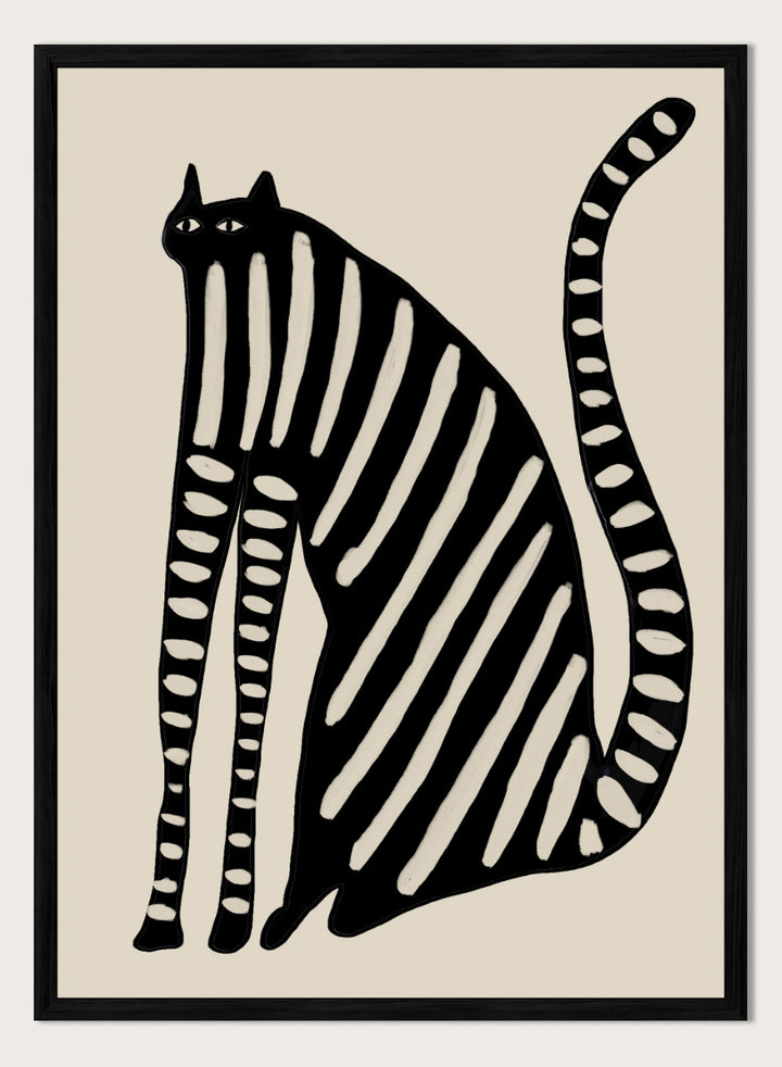 Striped Black Cat by The Art Concept playful cat art print featuring an elongated black cat with cream stripes, long legs, and an oversized curved tail.