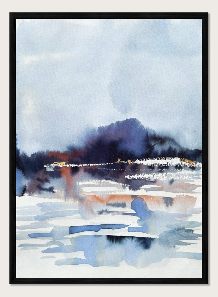 Shop Misty Mountain Lake by Helena Ryhle, a watercolor landscape wall art print poster featuring a misty lake, distant mountains, and atmospheric blue scenery.
