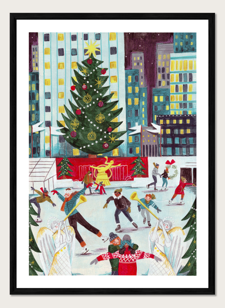 Shop Ice Skating at Rockefeller Center Christmas, a festive Christmas wall art print poster with skaters, city lights, and a New York holiday scene.