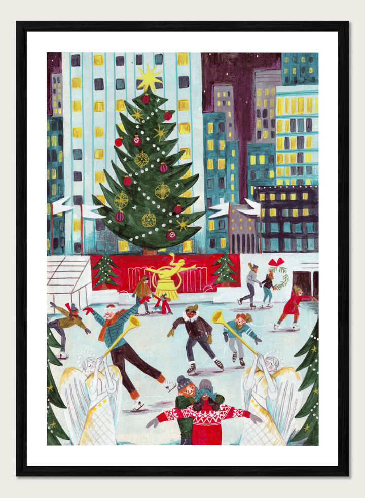 Shop Ice Skating at Rockefeller Center Christmas, a festive Christmas wall art print poster with skaters, city lights, and a New York holiday scene.