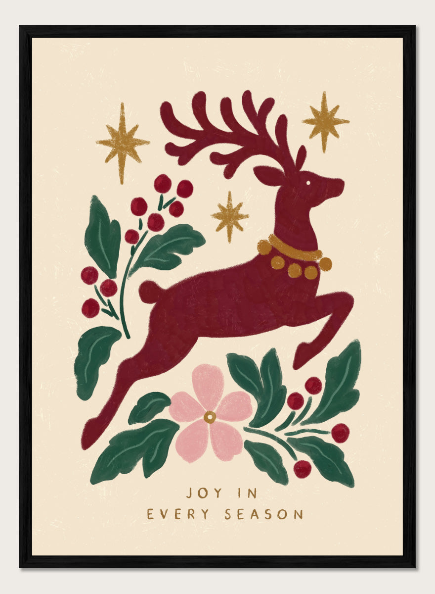 Shop Jumping Reindeer Joy by Katarzyna Gąsiorowska, a Christmas wall art print poster featuring a leaping reindeer, berries, greenery, stars, and festive holiday charm.