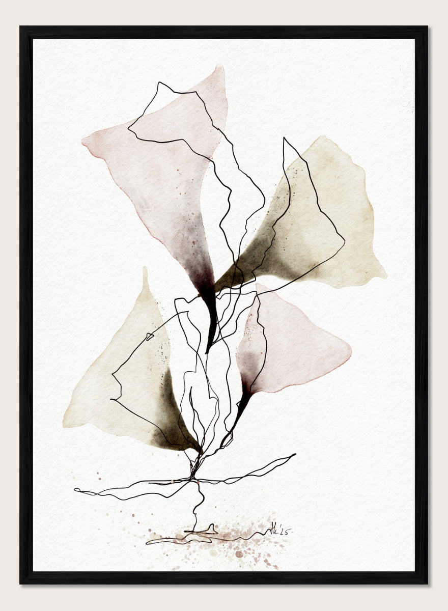 Abstract watercolor and ink botanical art print featuring soft beige, brown, and dusty rose watercolor shapes with fine black line work on textured white paper. Shop Abstract Botanical Flow by Ankie Kooi, a botanical wall art print poster with abstract watercolor leaves, floral line art, pink, green, cream, and black.