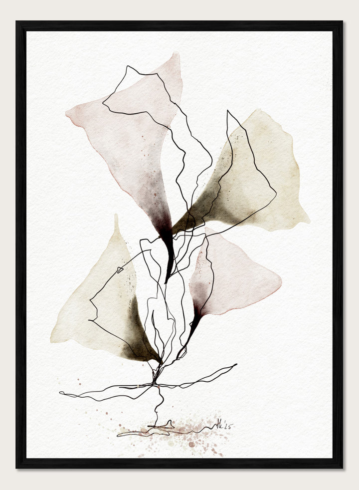 Abstract watercolor and ink botanical art print featuring soft beige, brown, and dusty rose watercolor shapes with fine black line work on textured white paper. Shop Abstract Botanical Flow by Ankie Kooi, a botanical wall art print poster with abstract watercolor leaves, floral line art, pink, green, cream, and black.