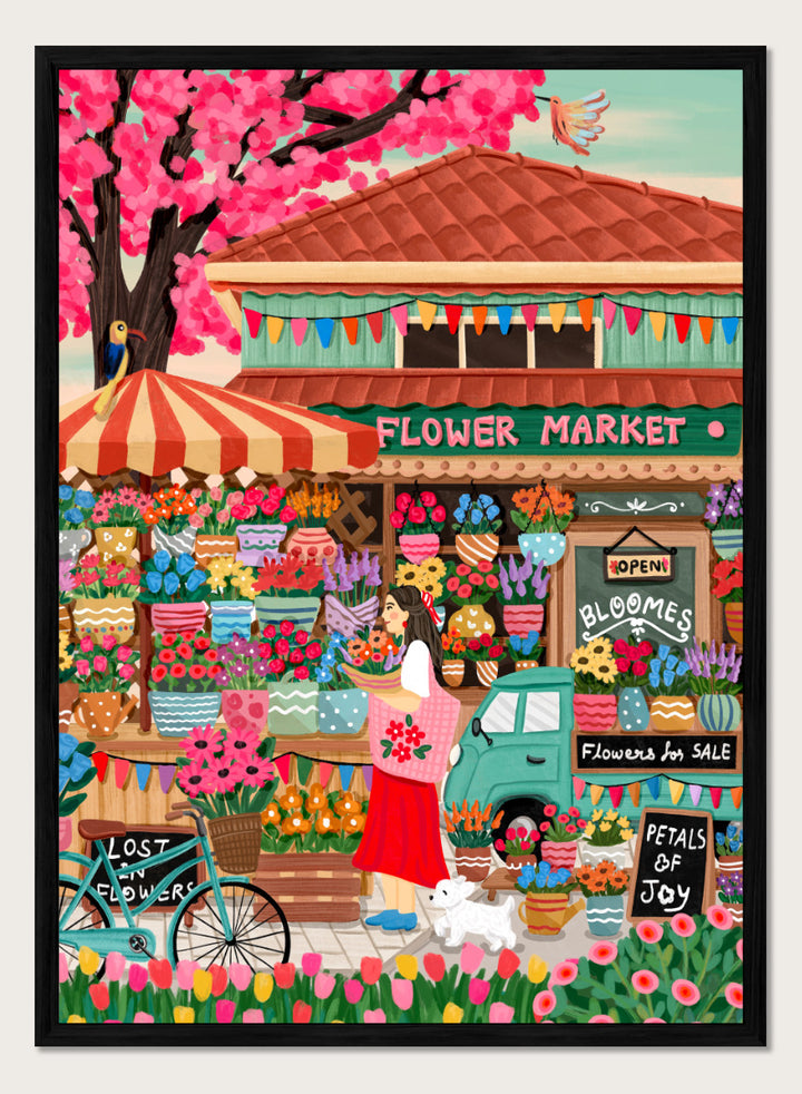 A colorful illustrated flower market scene with a shop front, blooming pink cherry blossoms, flower stalls, a woman standing by a bicycle, and signs reading &