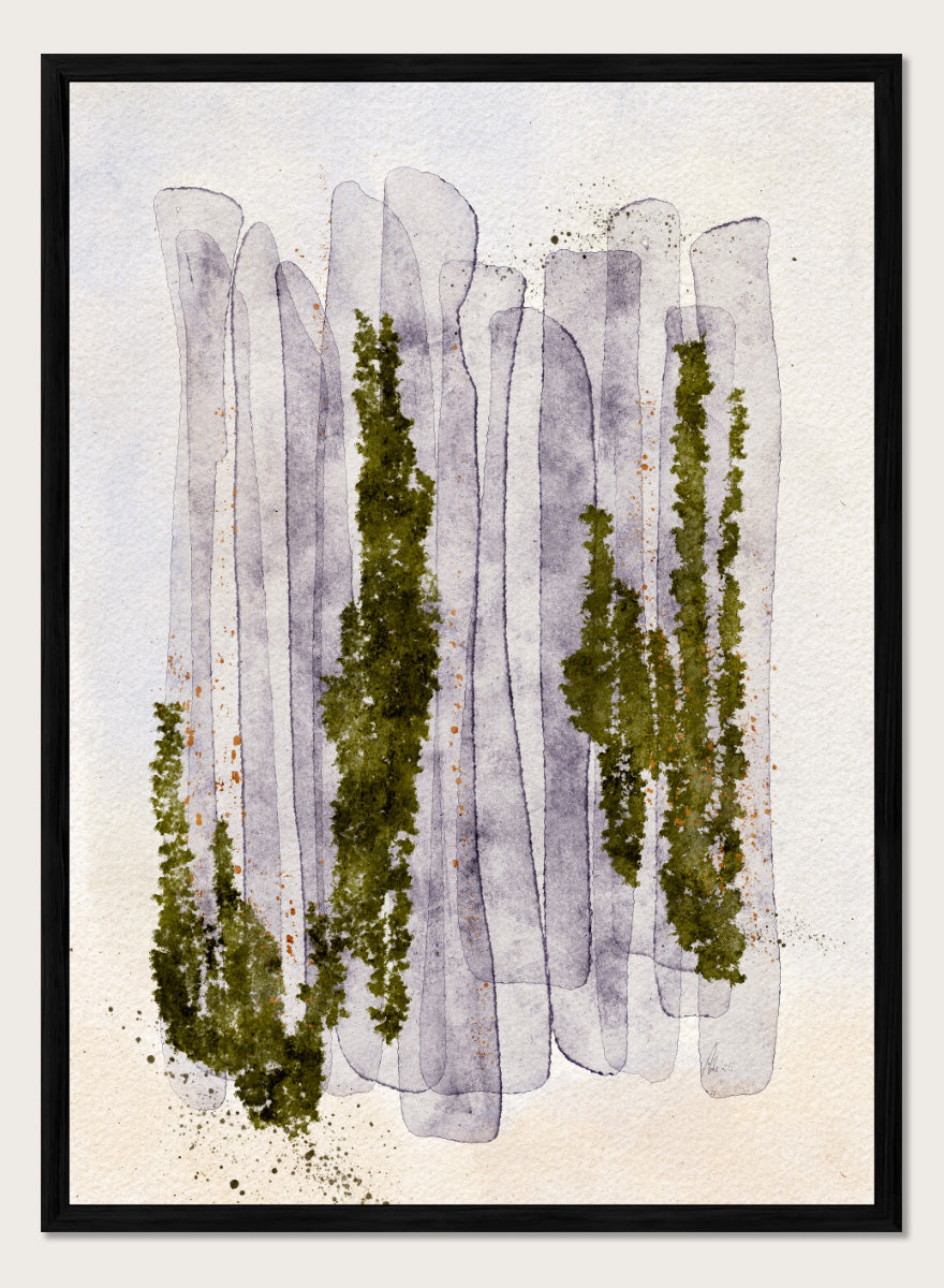 Shop Mossy Forest Abstract by Ankie Kooi, an abstract forest wall art print poster with watercolor trees, woodland art, green, purple, and cream.