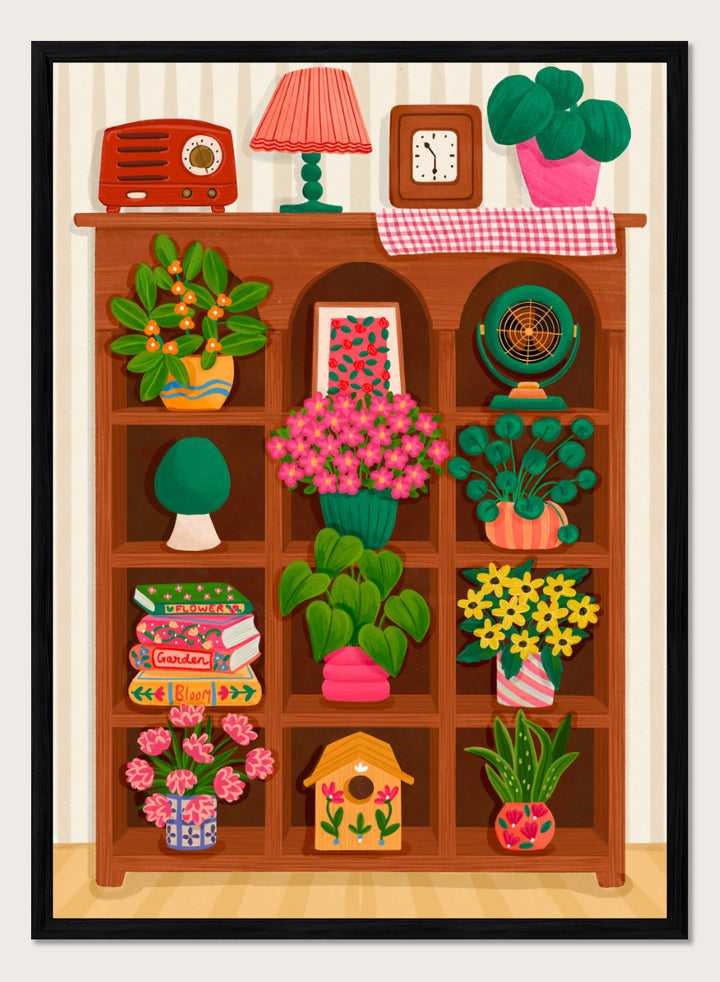 A colorful cartoon-style illustration of a wooden bookshelf filled with potted plants, flowers, books, a lamp, a clock, a radio, and other home decor items, set against a striped wall. Shop Cozy Botanical Shelf by Nidhi Kachhadiya, a colorful botanical wall art print featuring houseplants, flowers, vintage decor, and warm green and pink tones.