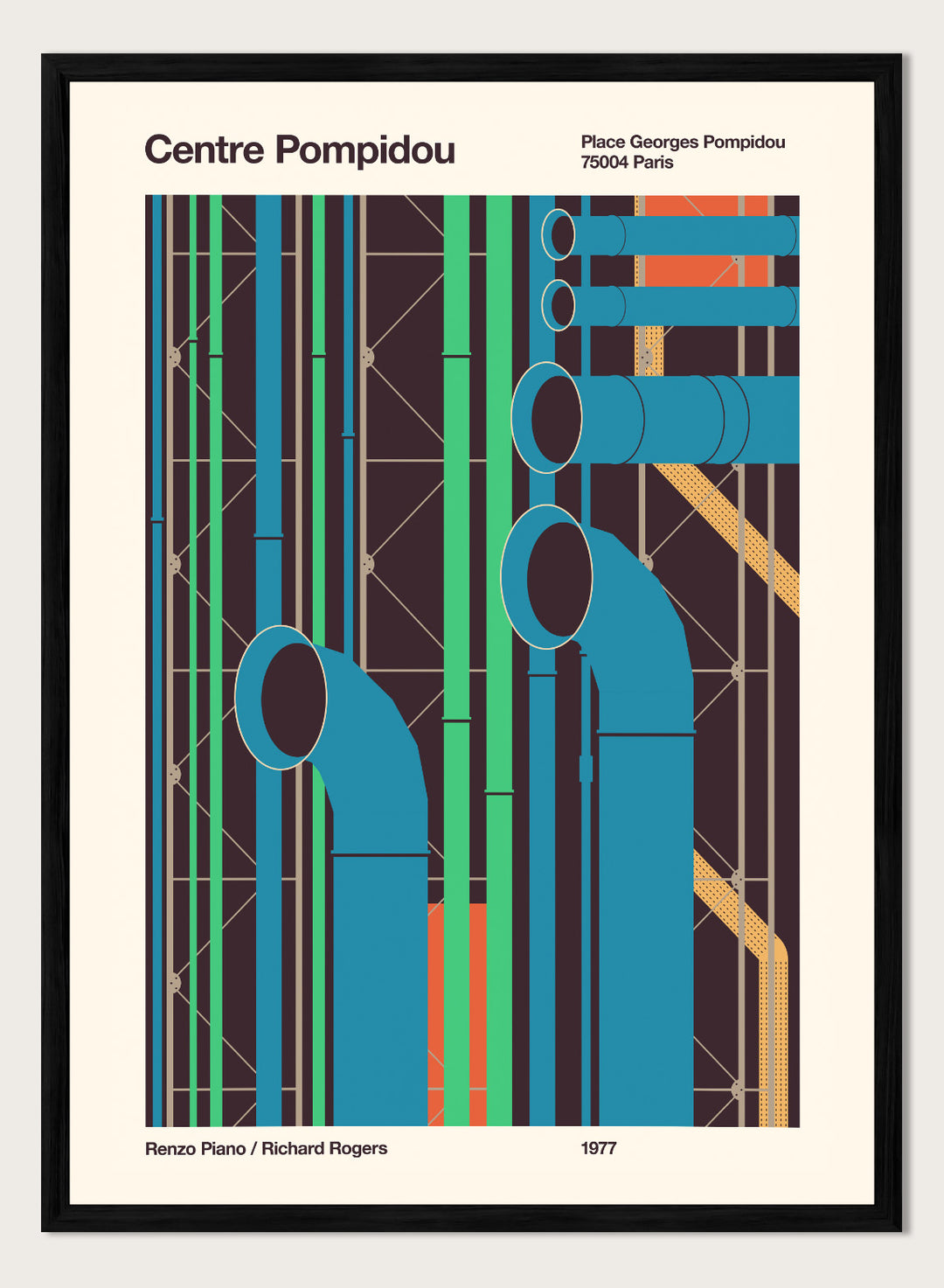 Poster of Centre Pompidou with abstract design and text. Colorful Architectural Pipes by Florent Bodart is a modern architectural art print inspired by Centre Pompidou pipes, a bold geometric wall poster with vibrant color.