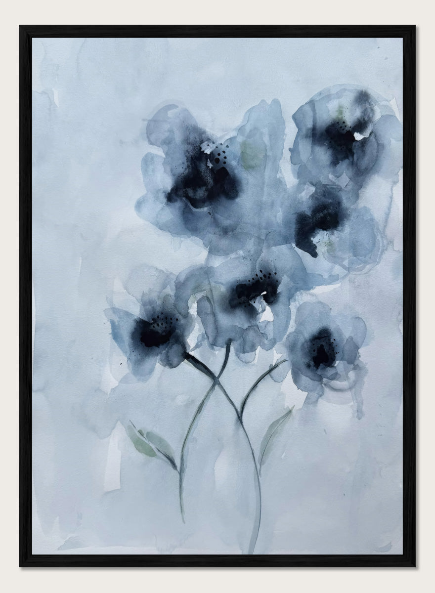 Shop Soft Blue Blooms by Helena Ryhle, a botanical watercolor wall art print poster featuring expressive blue flowers and soft contemporary floral detail.