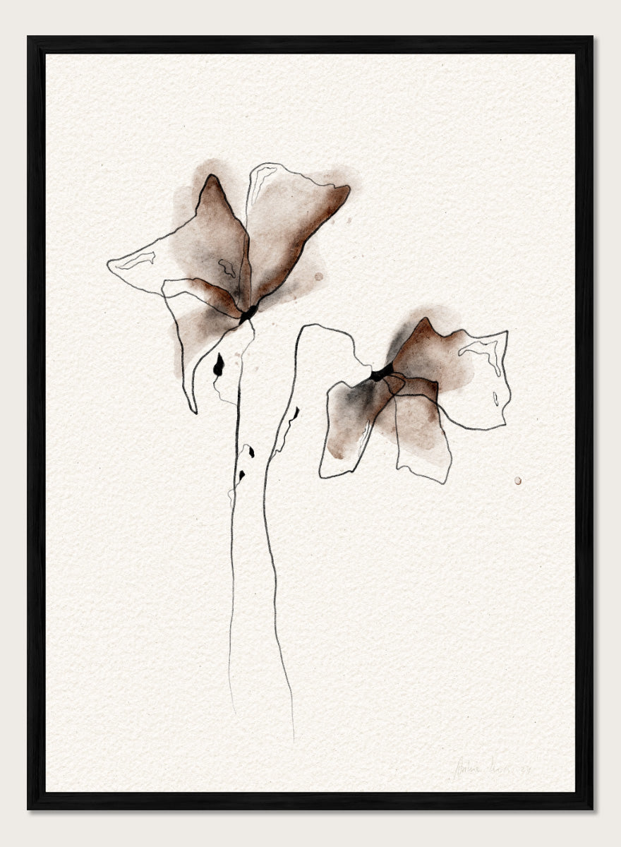 Minimalist watercolor and ink floral art print featuring two abstract flower shapes in brown and black tones on textured off-white paper. Shop Watercolor Botanical Blooms by Ankie Kooi, a modern floral wall art print poster with abstract botanical flowers, minimalist line art, brown, cream, and black.
