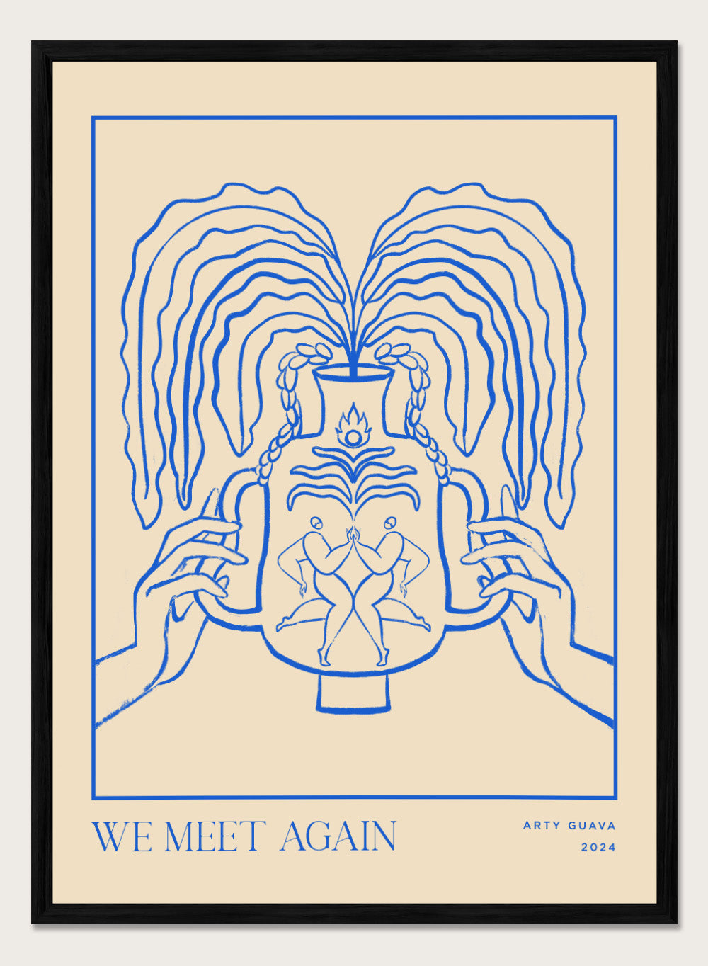 Artistic depiction of hands holding a vase with flowing hair, titled 'We Meet Again' by Arty Guava. Vessel Collection: We Meet Again by Arty Guava art print, modern line wall poster with a decorative vase design, contemporary minimalist artwork.