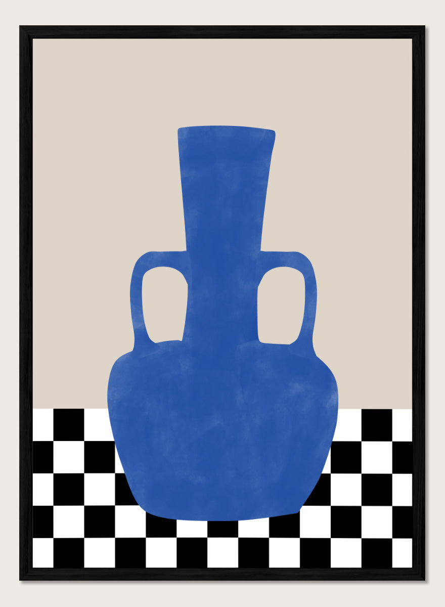 Shop Blue Amphora Still Life by Elena Ristova, a modern still life wall art print poster featuring a cobalt blue vase and bold black-and-white checkerboard pattern.