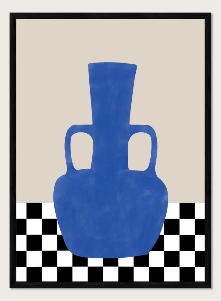 Shop Blue Amphora Still Life by Elena Ristova, a modern still life wall art print poster featuring a cobalt blue vase and bold black-and-white checkerboard pattern.