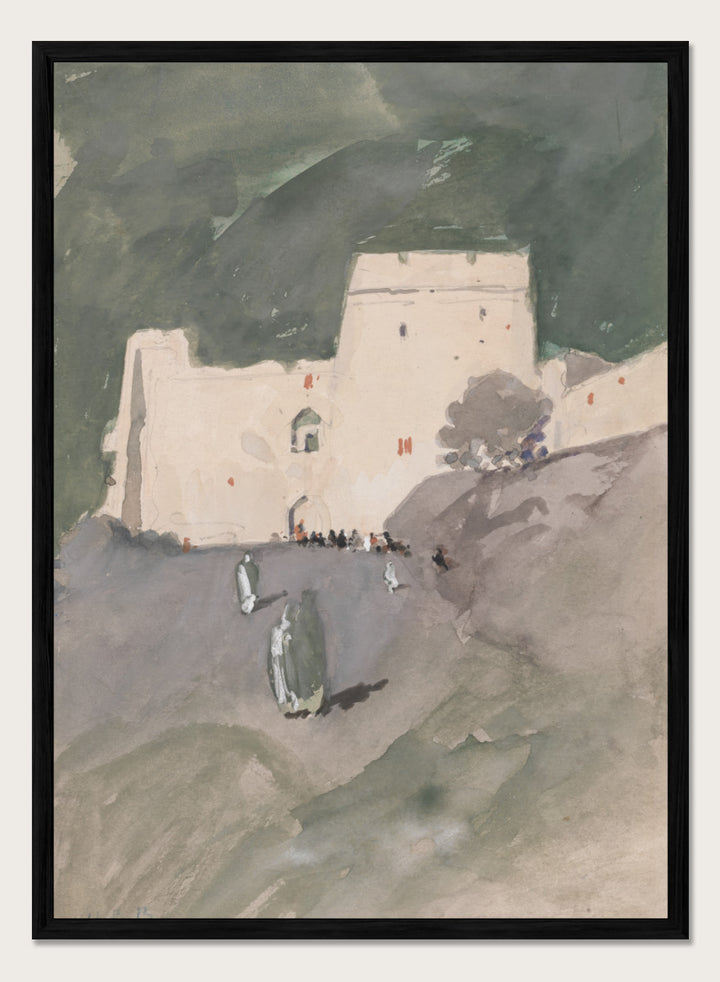 A watercolor painting of a white stone fortress or castle on a hillside, with dark green mountains in the background and small figures near the entrance. A Moorish Citadel by Hercules Brabazon Brabazon is a vintage watercolor art print featuring a pale fortress, figures, rocky ground, and dark green hills.