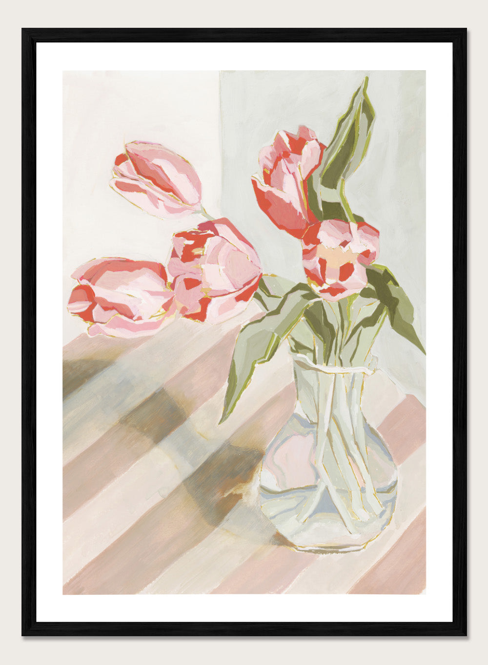 Artistic depiction of pink tulips in a clear vase on a striped background. Tulips in a Vase by Lucrecia Caporale is an officially licensed still life art print featuring pink tulips in a glass vase. Available framed or unframed.