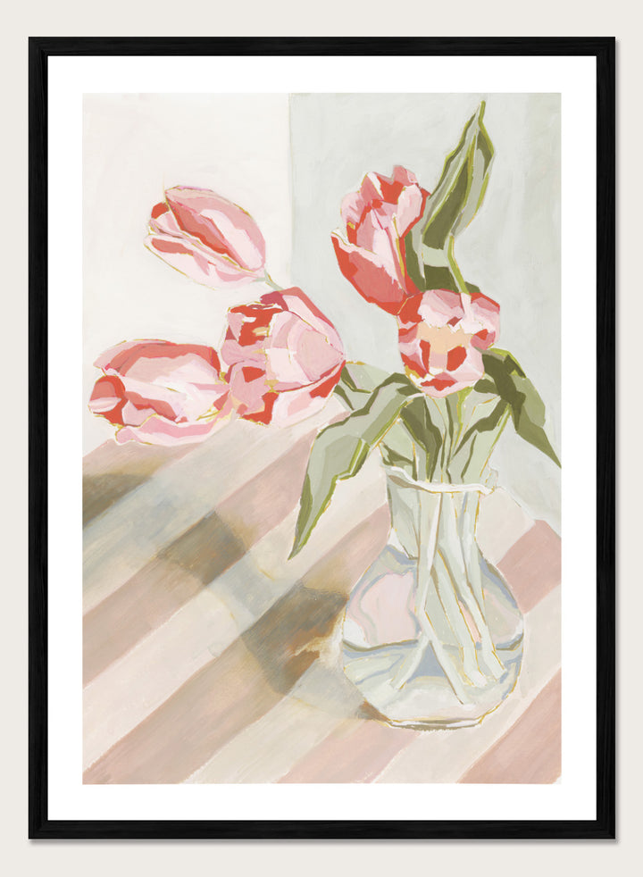 Artistic depiction of pink tulips in a clear vase on a striped background. Tulips in a Vase by Lucrecia Caporale is an officially licensed still life art print featuring pink tulips in a glass vase. Available framed or unframed.