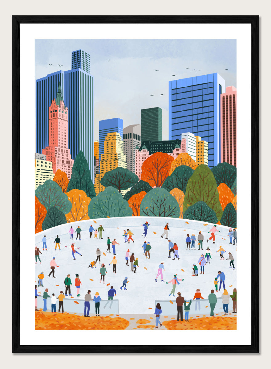 A framed art print depicting a city skyline with autumn trees and a large white ice rink filled with small illustrated people skating. Autumn City Ice Skating by Ceyda Alasar city art print featuring a lively outdoor rink, fall trees, skaters, and a colorful urban skyline.