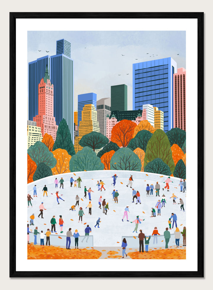 A framed art print depicting a city skyline with autumn trees and a large white ice rink filled with small illustrated people skating. Autumn City Ice Skating by Ceyda Alasar city art print featuring a lively outdoor rink, fall trees, skaters, and a colorful urban skyline.