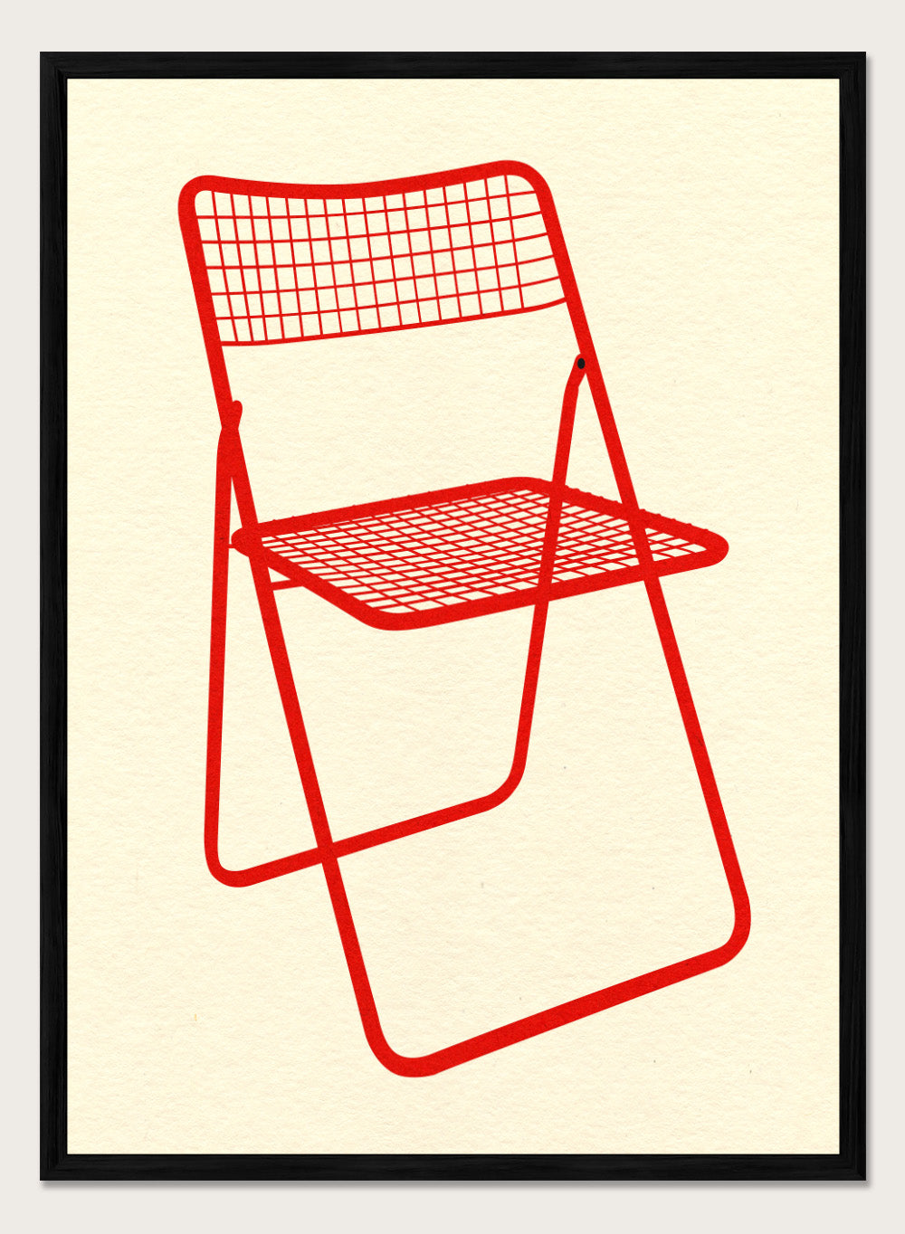 Red metal chair on a beige background. Modern chair wall art print by Rosi Feist featuring a bold red wire net chair illustration. Contemporary minimalist poster for design lovers.