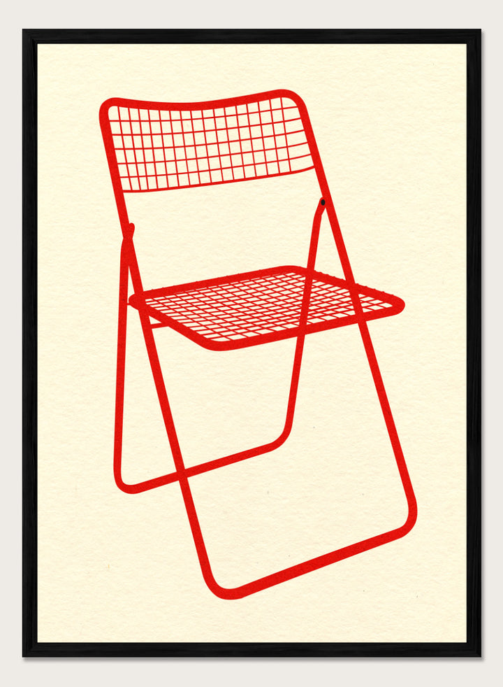 Red metal chair on a beige background. Modern chair wall art print by Rosi Feist featuring a bold red wire net chair illustration. Contemporary minimalist poster for design lovers.