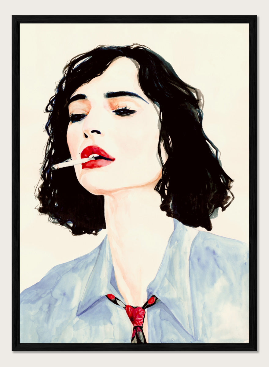 Shop Chic Woman with Cigarette by Sophia Novosel, a modern female portrait wall art print poster featuring dark hair, red lips, a blue shirt, and bold fashion styling.