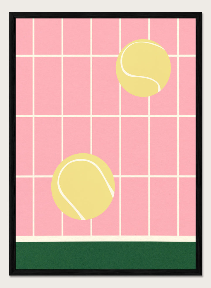 Two yellow tennis balls on a pink grid background with a green stripe at the bottom. Tennis Kitchen by Rosi Feist is a modern minimalist fine art print featuring oversized tennis balls on pink tile. Officially licensed wall poster with optional artisan framing.