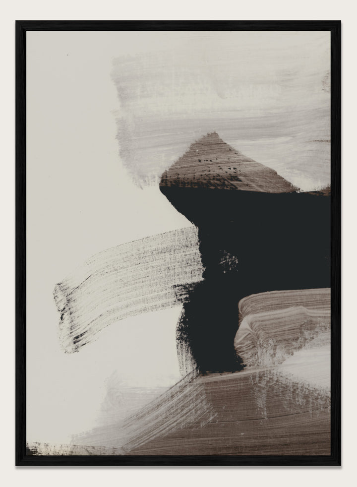 Shop Mellow No. 01 by Dan Hobday, a contemporary abstract art print featuring bold black forms, soft neutral brushwork, and layered earthy texture.