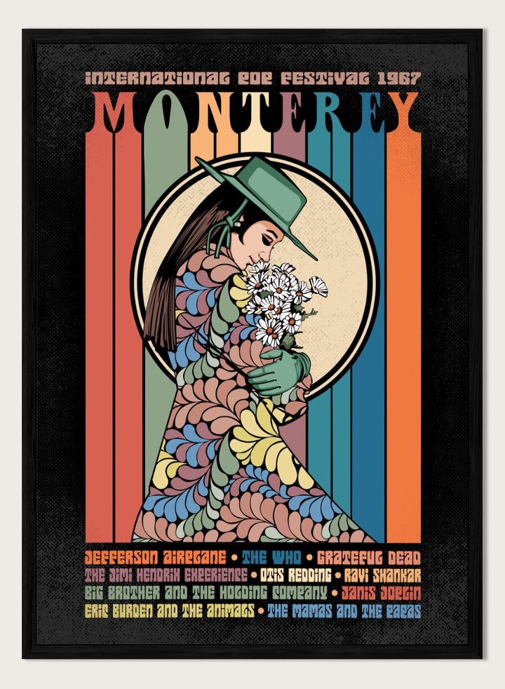 A retro-style concert poster for the 1967 European Tour featuring the band Monterey. The design has a black background with vertical multicolored stripes in orange, green, blue, and beige, surrounding an illustration of a woman in a green hat and patterned dress holding white flowers. Flower Child Festival by Retrodrome retro music art print inspired by the 1967 Monterey Pop Festival, with flower-child imagery and vintage concert poster style.