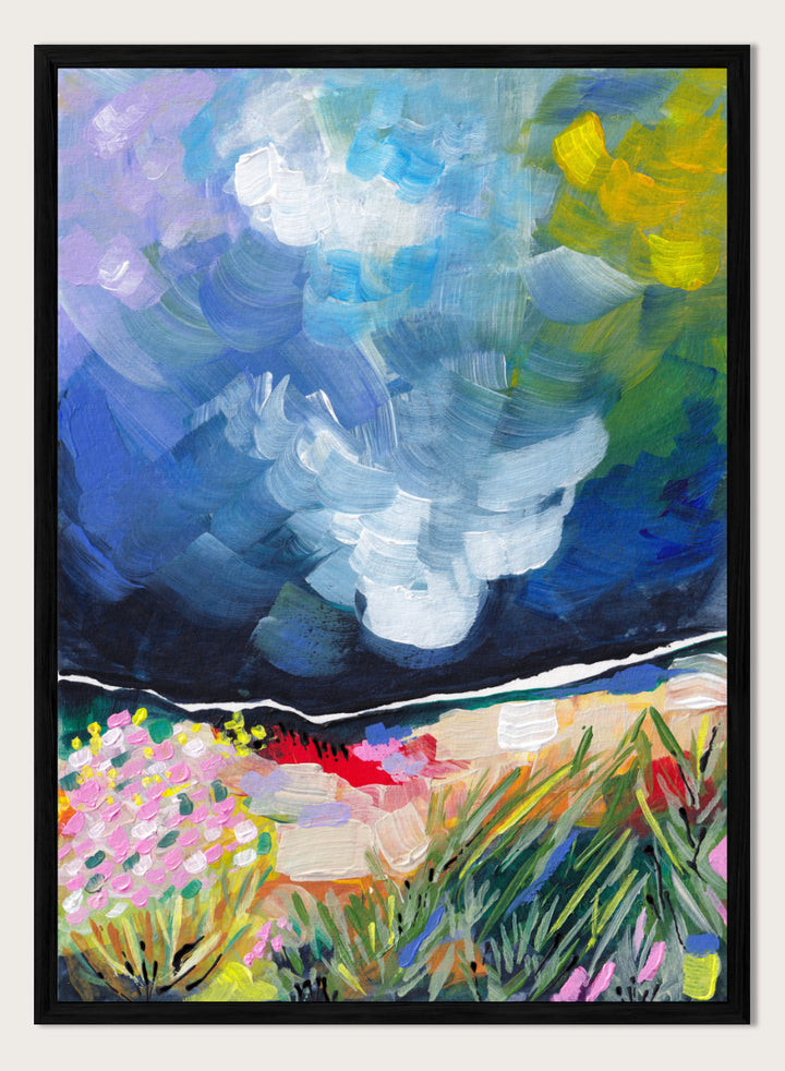 An expressive landscape painting featuring a dark blue stormy sky with swirling brushstrokes and a foreground of green grasses, pink flowers, and yellow-green foliage. Shop Vibrant Abstract Field Sky by Dirkie Nell, a colorful abstract landscape art print featuring wildflowers, open fields, and a dramatic blue sky.