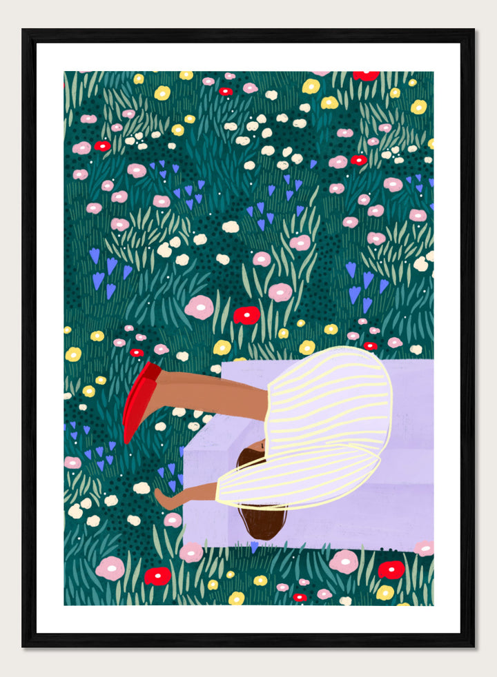 Shop Lush Garden Dreams by Bea Müller, a figurative floral wall art print poster featuring a woman reclining among colorful flowers and lush green garden foliage.
