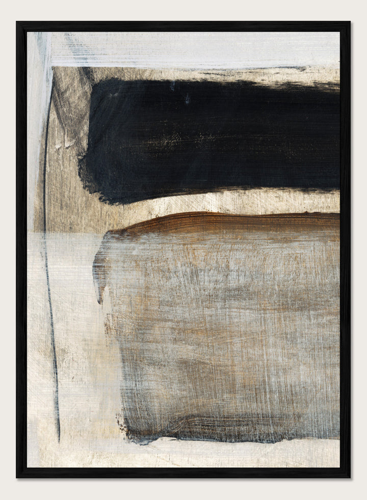 Abstract square artwork with broad textured brushstrokes in black, warm brown, gray, and off-white. Shop Desire by Dan Hobday, a contemporary abstract art print featuring bold black forms, earthy brown tones, layered brushwork, and a textured neutral palette.