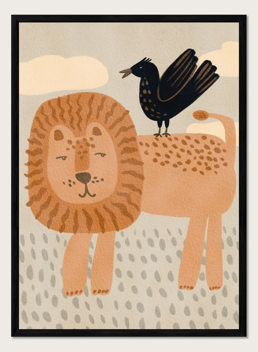 A stylized illustration of a lion and a crow on a cream background with clouds and dotted ground. The lion is tan and peach with brown stripes in its mane, and the crow is black with small gold spots. Shop Friendly Lion And Bird by Nikita Jariwala, a nursery wall art print poster with a lion, bird, animal illustration, and beige tones.