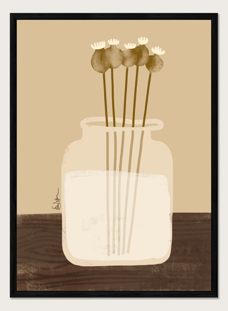 A minimalist art print depicting a clear glass jar filled with white flowers on a dark brown wooden surface against a warm beige background. Shop Rustic Poppy Still Life by Elsa Nätterdal, a botanical still life art print featuring dried poppy pods, a cream vase, and warm earthy tones.