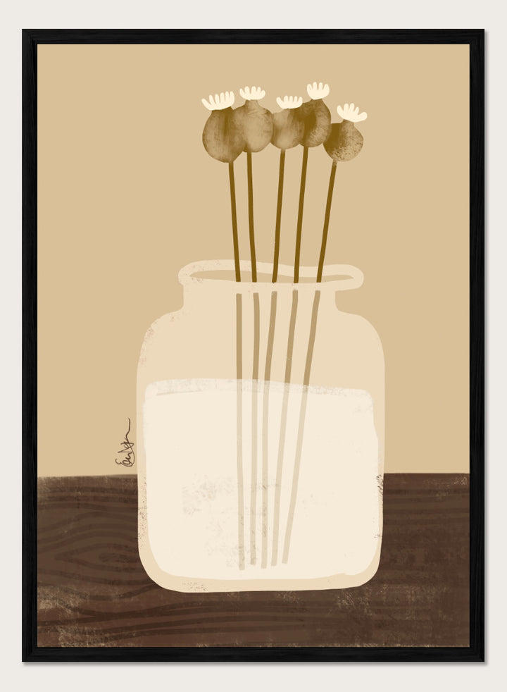 A minimalist art print depicting a clear glass jar filled with white flowers on a dark brown wooden surface against a warm beige background. Shop Rustic Poppy Still Life by Elsa Nätterdal, a botanical still life art print featuring dried poppy pods, a cream vase, and warm earthy tones.