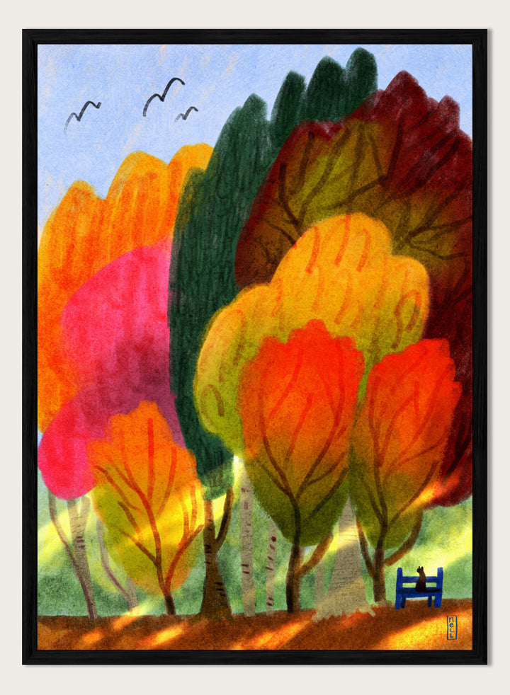 A colorful abstract landscape painting featuring stylized trees in shades of orange, yellow, red, green, and pink under a light blue sky with birds. Shop Cat On a Park Bench and Autumn Trees by Dirkie Nell, a colorful autumn landscape and animal art print featuring a black cat, park bench, and vivid fall trees.