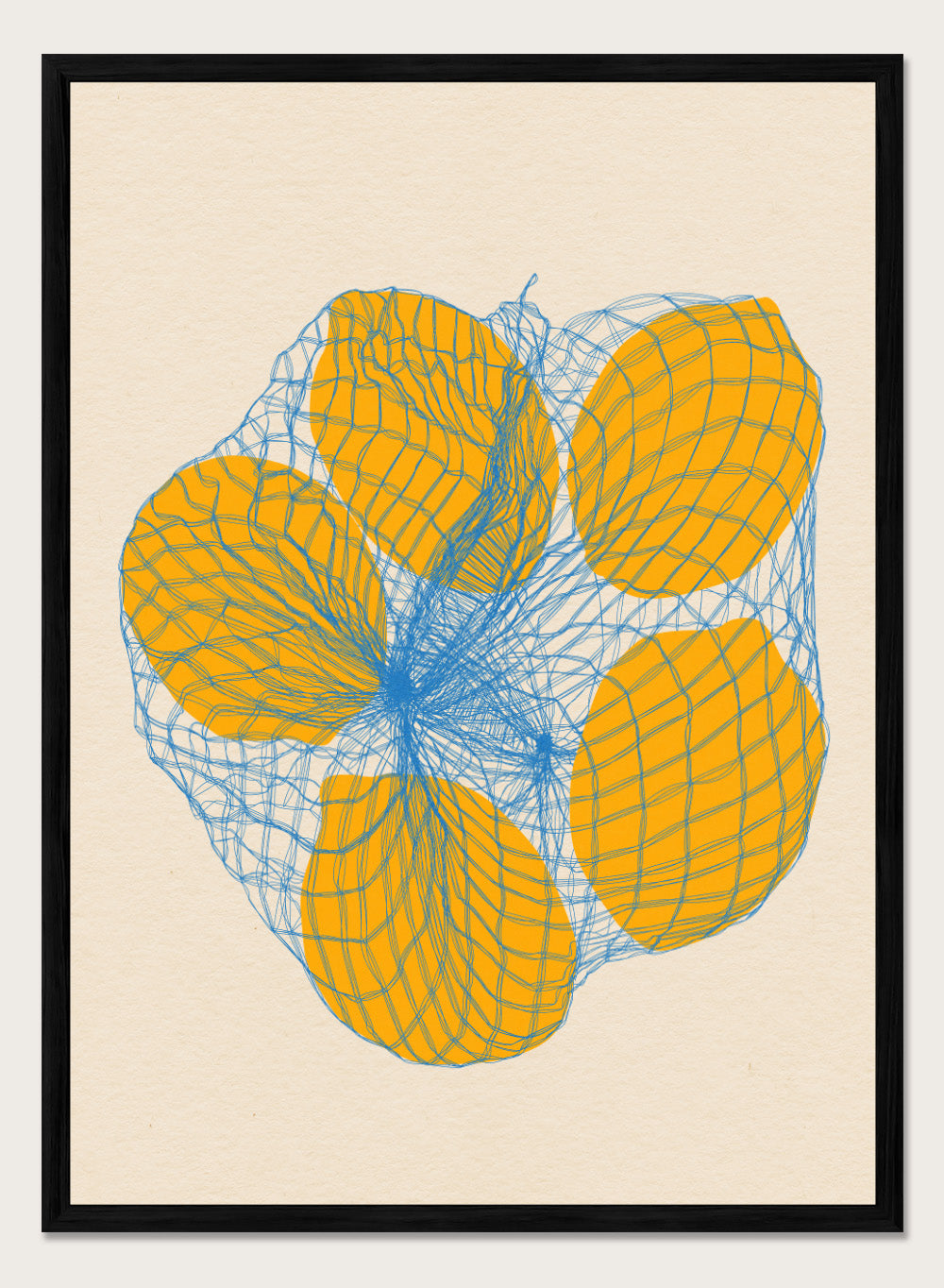 Geometric design with orange shapes and blue lines on a beige background. Five Lemons In a Net Bag by Rosi Feist is a modern minimalist fruit art print with Bauhaus design, officially licensed fine art poster.